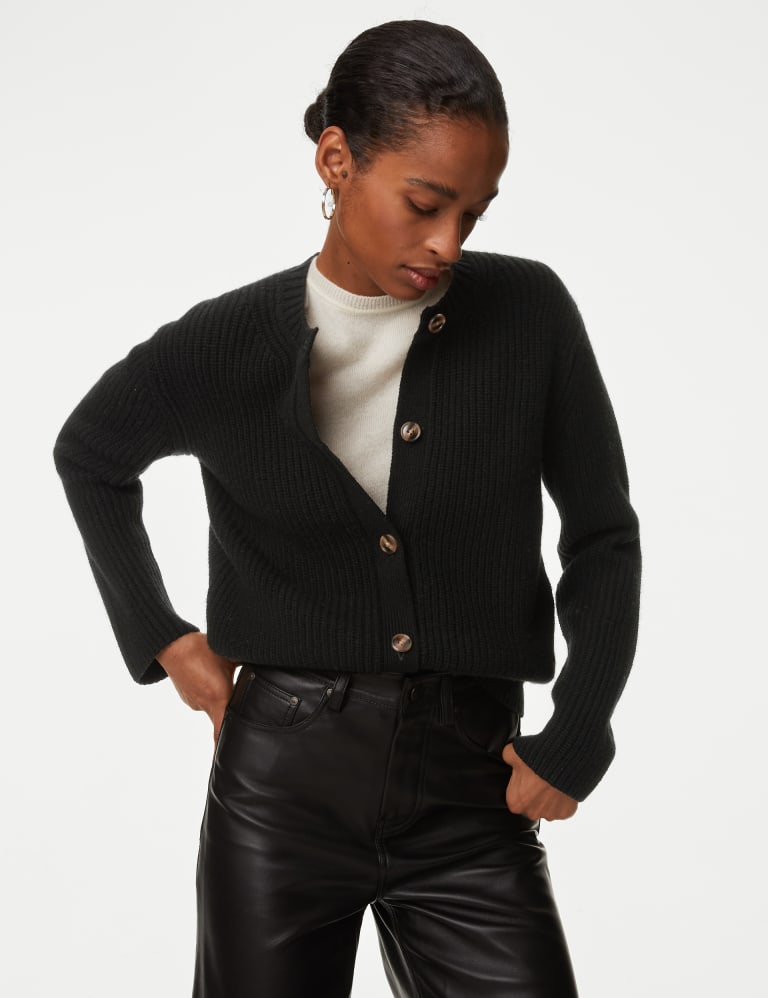 Merino Wool Ribbed Cardigan with Cashmere