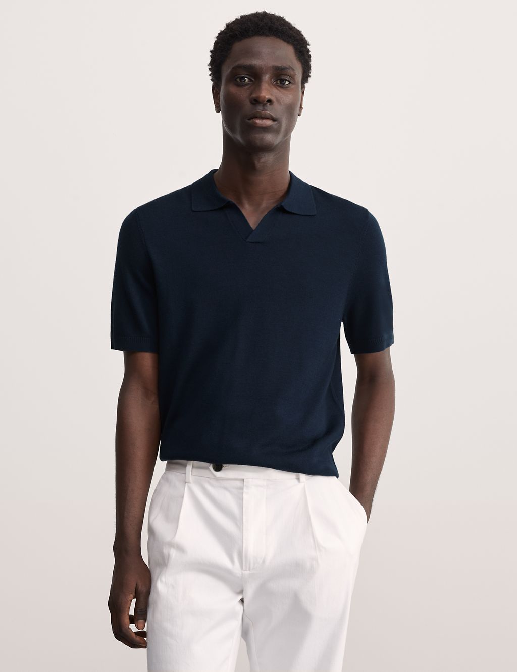 Merino Wool Rich Open Neck Knitted Polo Shirt with Silk 3 of 6