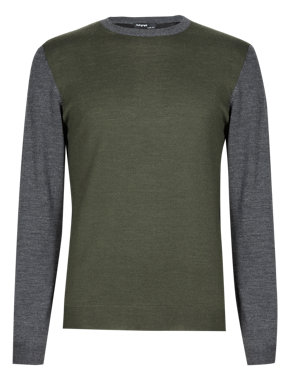 Merino Wool Rich Slim Fit Colour Block Jumper with Silk Image 2 of 3