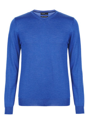 Merino Wool Rich Slim Fit V-Neck Jumper with Silk Image 2 of 3
