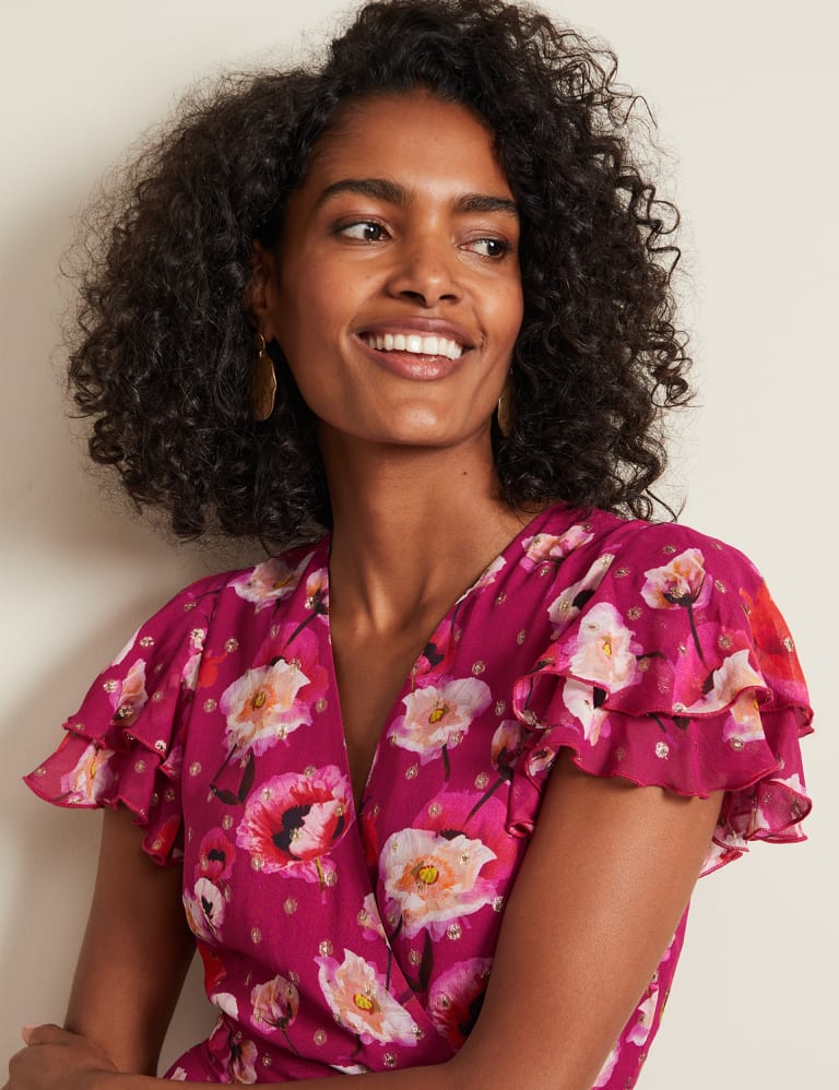 Metallic Floral Midi Wrap Dress