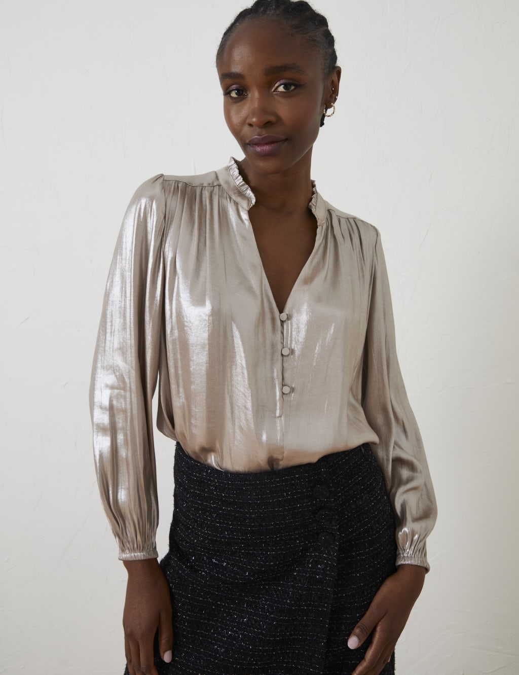 Metallic V-Neck Button Detail Blouse 3 of 6