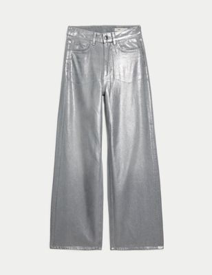 Get party-ready in an instant with these head-turning jeans, made from pure cotton with a shimmering metallic finish. They're designed in a stylish wide-legged fit with a flattering high waistband. An ankle-length cut completes the on-trend look. M&S Collection: easy-to-wear wardrobe staples that combine classic and contemporary styles.