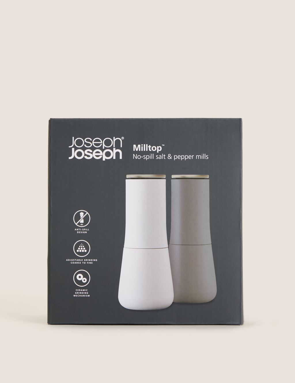 Joseph Joseph Milltop Salt and Pepper Grinder Set with Adjustable Grind  Size Coarseness, 2-piece, Dark Gray/White