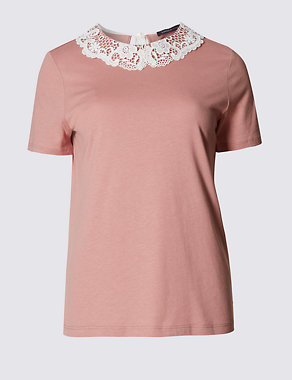 Modal Blend Contrast Lace Collared T-Shirt Image 2 of 4