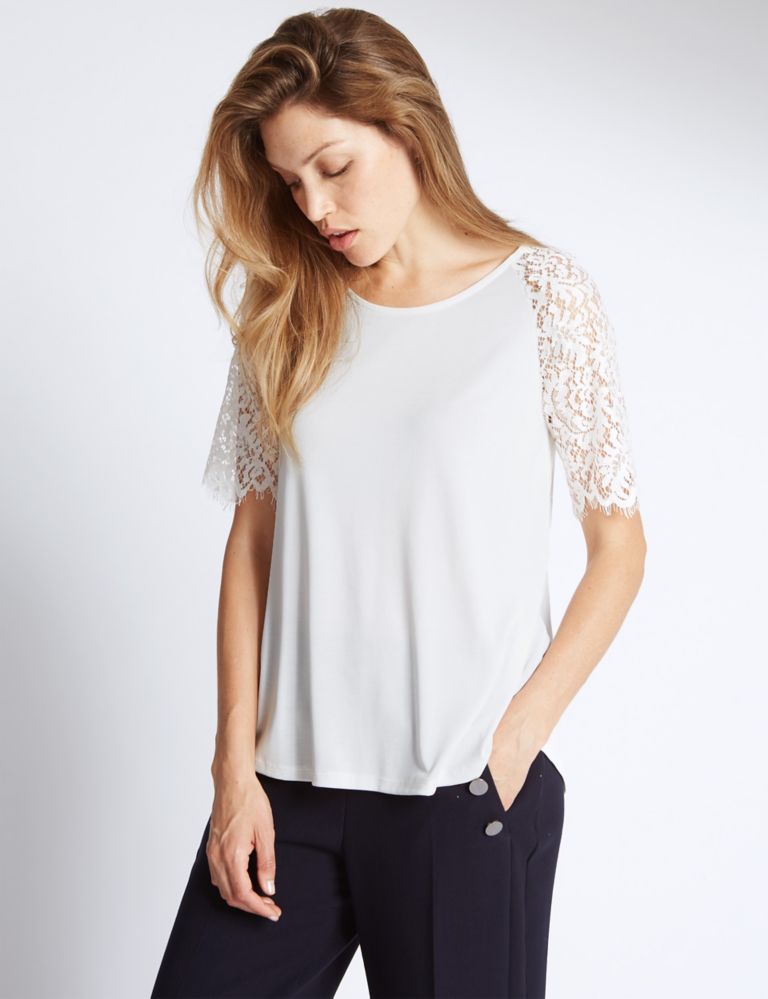 Modal Blend Lace Sleeve Jersey Top 1 of 3