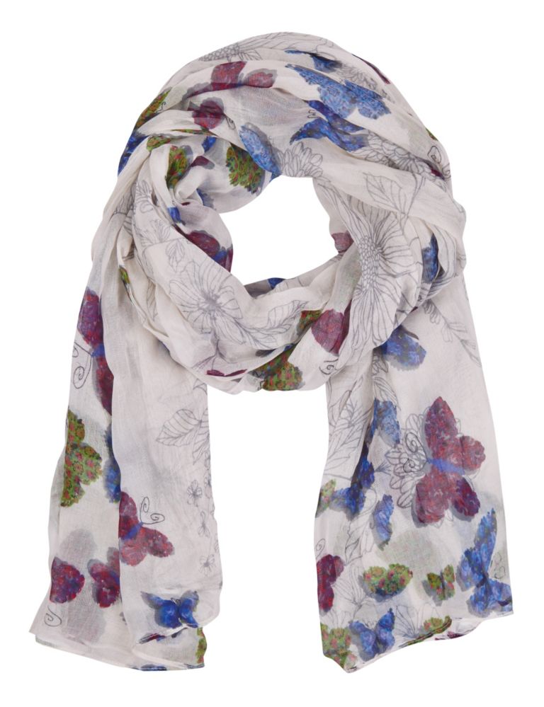 Modal Blend Lightweight Floral & Butterfly Print Scarf 1 of 3