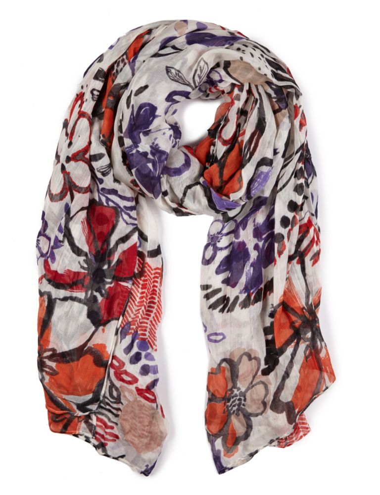 Modal Blend Lightweight Painted Floral Scarf 1 of 3