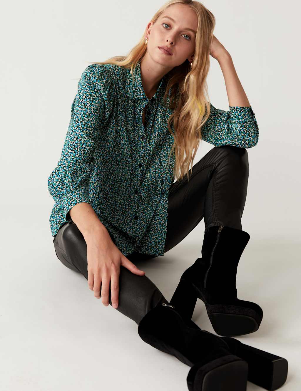 Modal Blend Sparkly Floral Collared Blouse 1 of 6