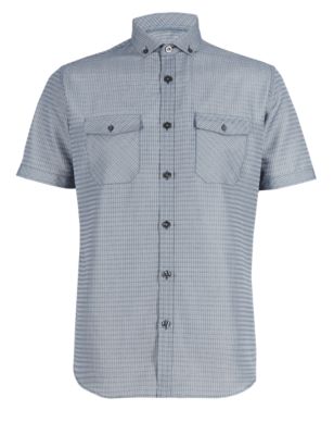 Modal Blend Tailored Fit Easy Care Soft Touch Short Sleeve Checked Shirt Image 2 of 5