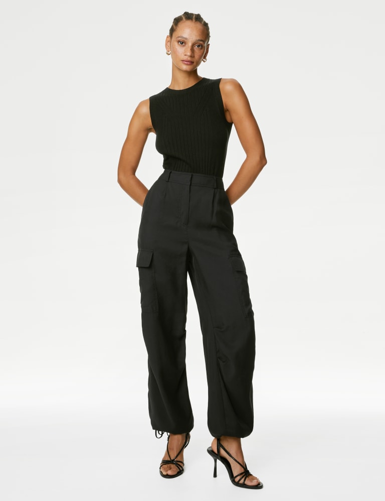 MAWCLOS Ladies Cropped Trousers Solid Color Cargo Pant High