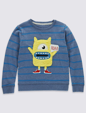 Monster Appliqué Pure Cotton Striped Jumper (1-7 Years) Image 2 of 3
