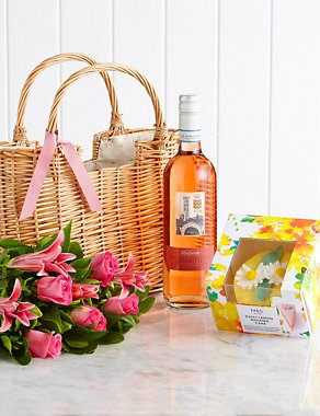 Mother's Day Basket Filled with Flowers, Rosé Cava & a Spring Blossom Cake Image 2 of 3