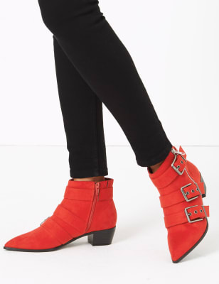 red buckle ankle boots