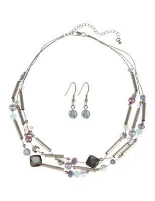 Multi-Strand Tube & Diamanté Necklace & Earrings Set Image 1 of 1