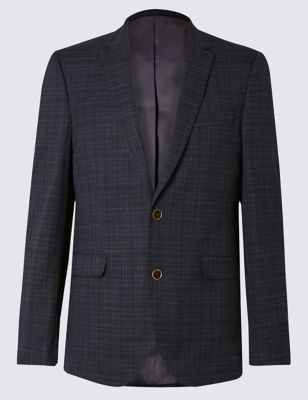 Navy Checked Cotton Rich Tailored Jacket Image 2 of 6