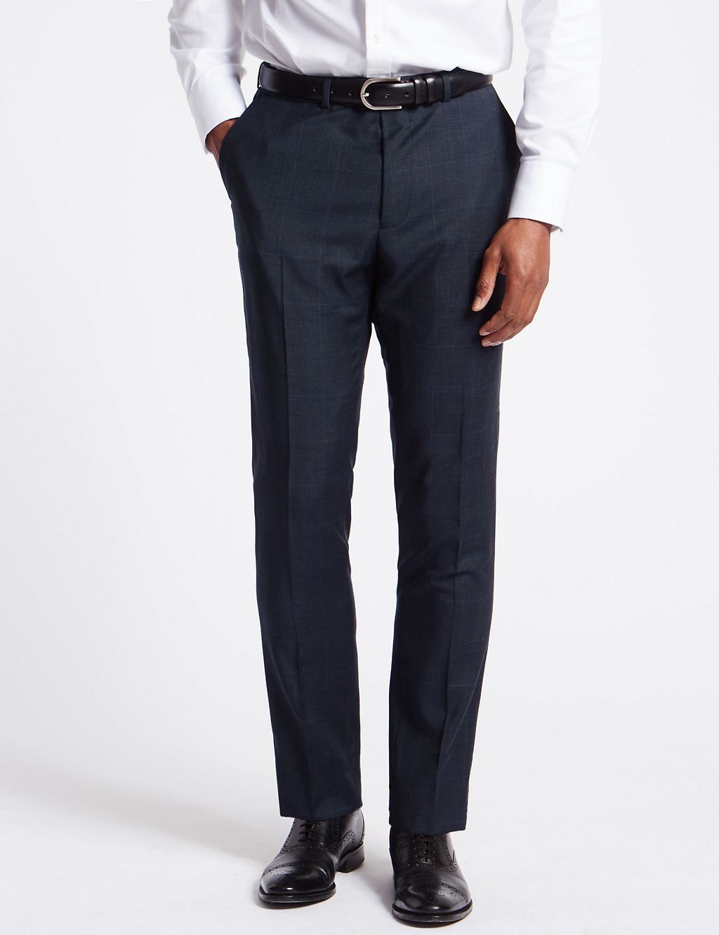 Navy Checked Slim Fit Wool Trousers 3 of 6