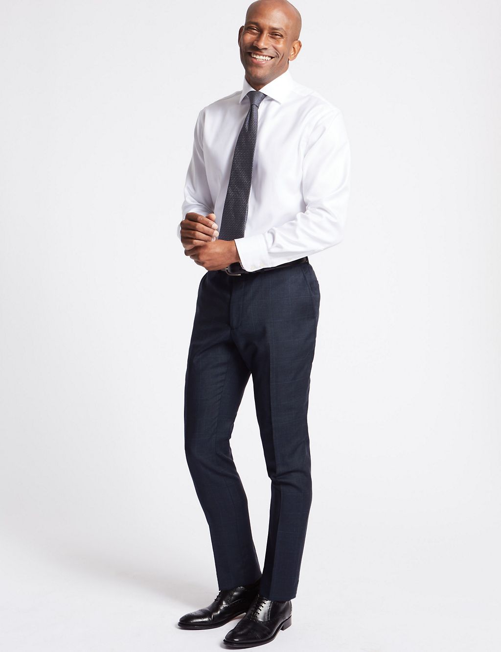 Navy Checked Slim Fit Wool Trousers 2 of 6