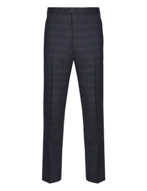 Navy Checked Tailored Fit Flat Front Trousers Image 2 of 4