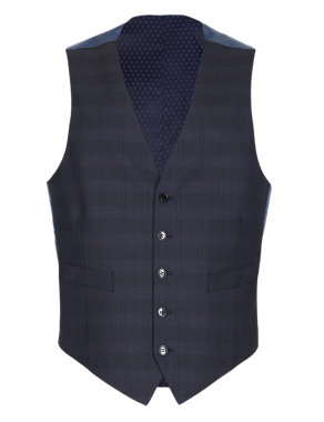 Navy Checked Tailored Fit Waistcoat Image 2 of 4