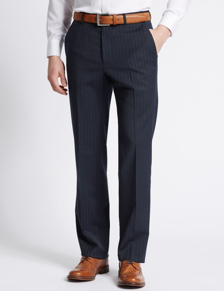 Navy Striped Modern Slim Fit Trousers 1 of 5