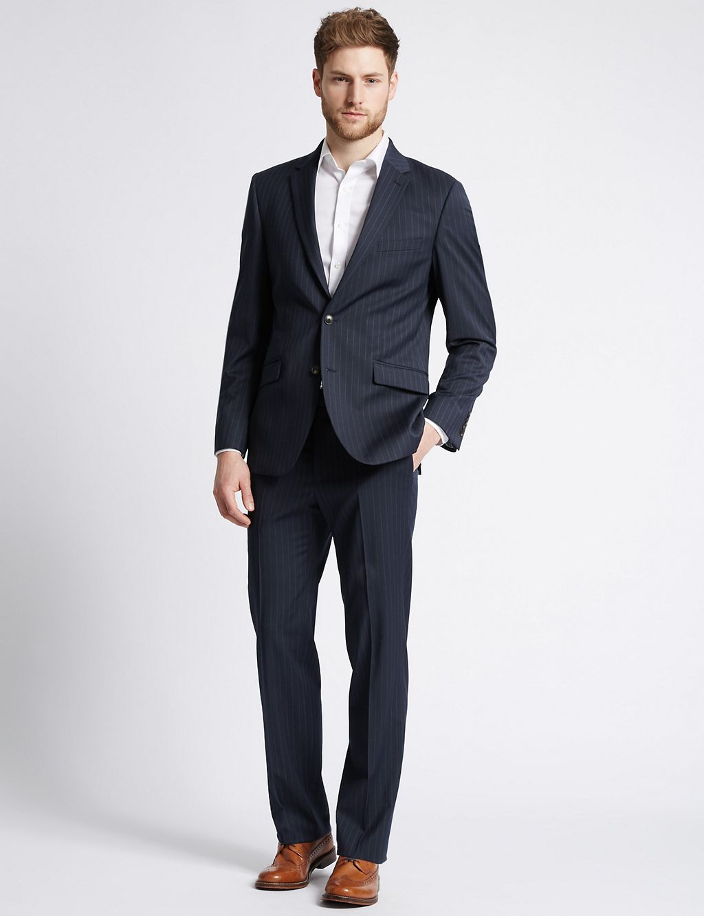 Navy Striped Modern Slim Fit Trousers 4 of 5