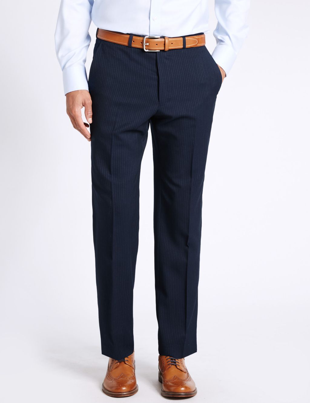Navy Striped Regular Fit Wool Trousers 3 of 5