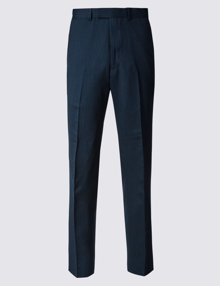 Navy Striped Regular Fit Wool Trousers 2 of 5