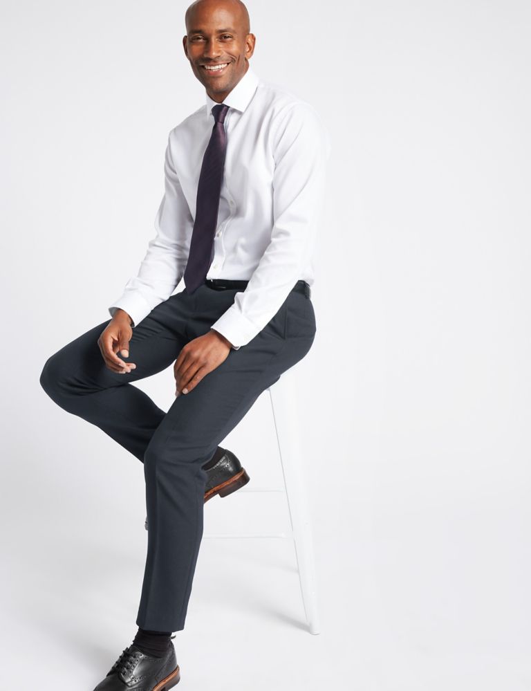 Navy Textured Slim Fit Trousers 3 of 5