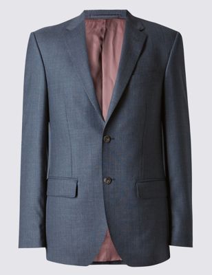 Navy Textured Tailored Fit Wool Jacket Image 2 of 7
