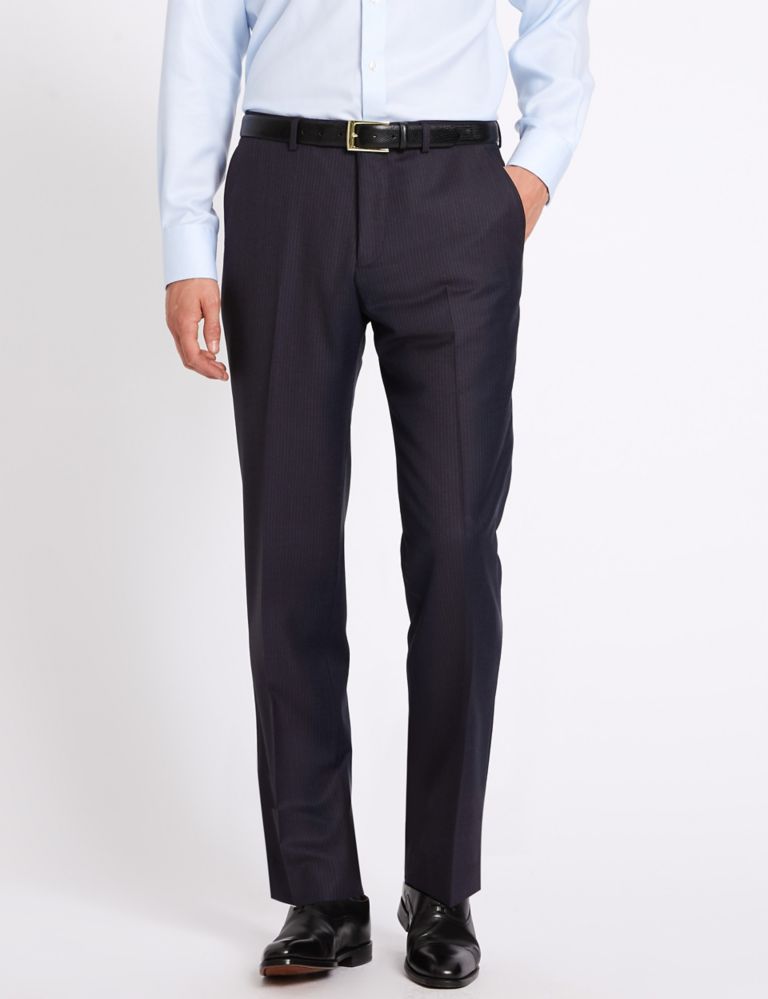 Navy Textured Tailored Fit Wool Trousers 1 of 5