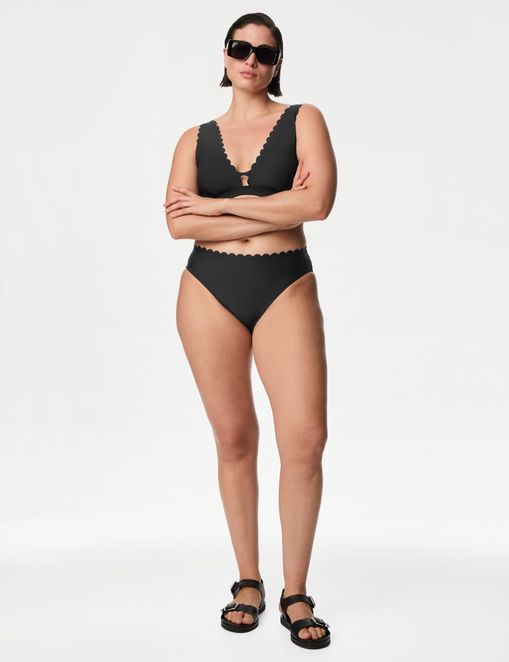 Scalloped textured high waisted bikini set sale