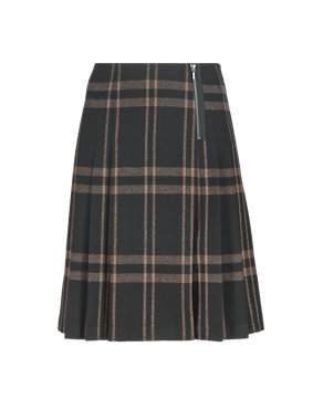 New Wool Blend Pleated Mono Checked Skirt Image 2 of 4