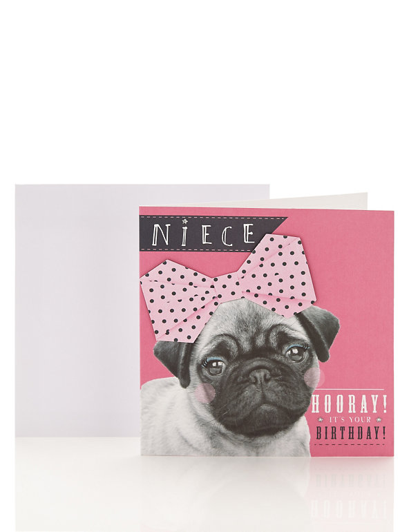 Niece Pink Pug Dog Birthday Card Image 1 of 2
