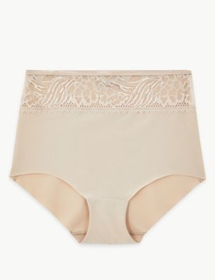 Ex M&S Marks and Spencer Nude Slinky No VPL Lace Trim Knickers Full Briefs