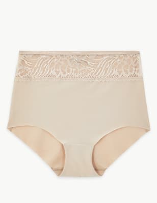 Ex M&S Marks and Spencer Nude Slinky No VPL Lace Trim Knickers Full Briefs