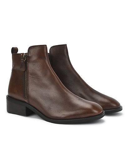 Leather Plain Block Heel Boots