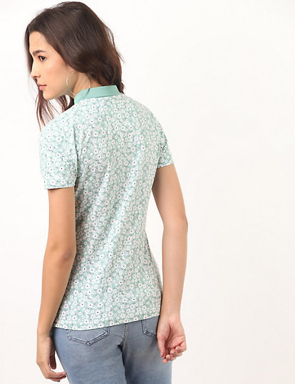 Pure Cotton Floral Polo Neck T-Shirt