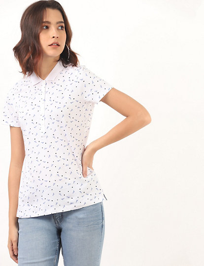 Pure Cotton Printed Polo Neck T-Shirt