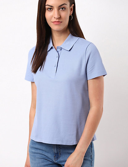 Pure Cotton Plain Polo Neck T-Shirt