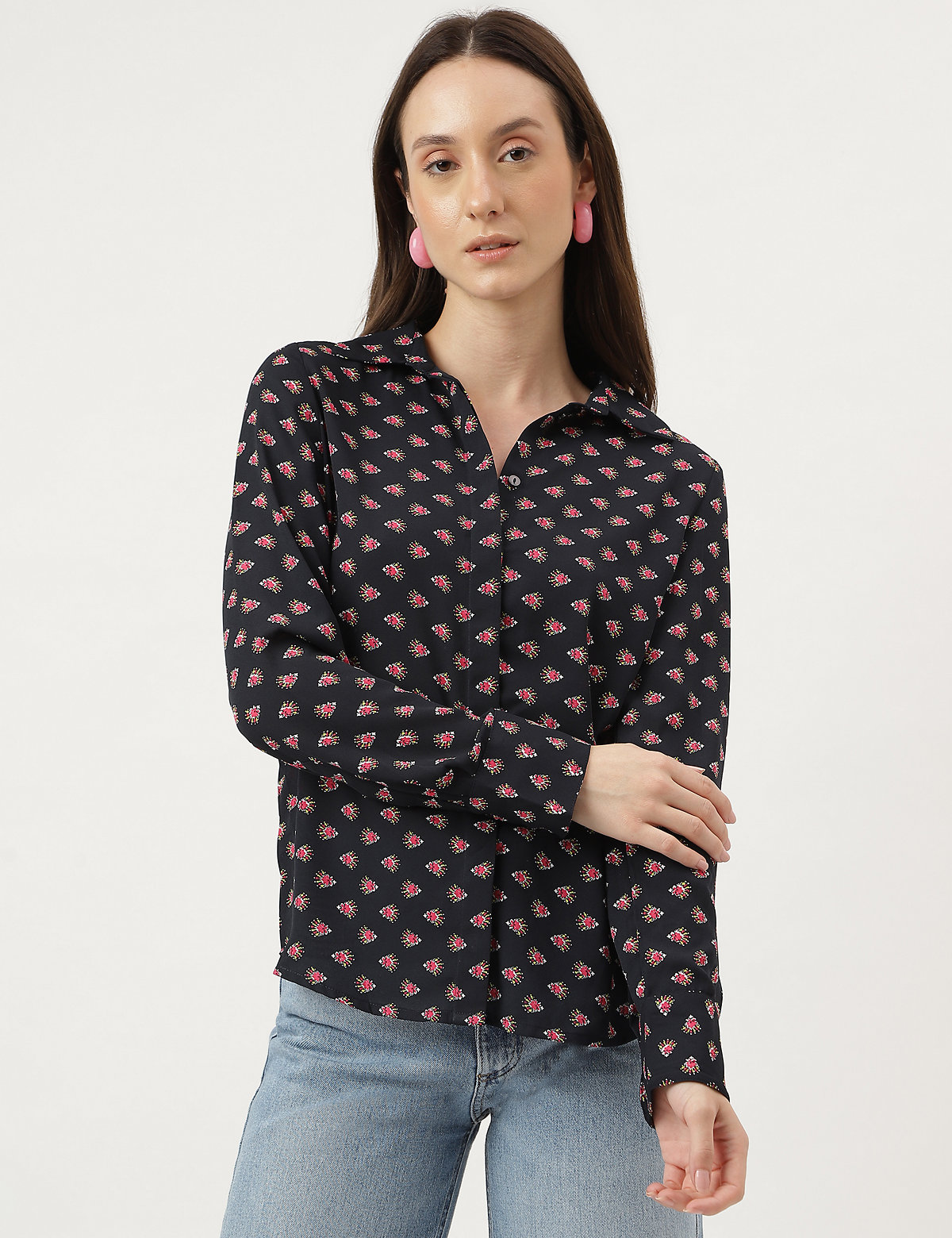 Pure Poly Floral Print Spread Collar Blouse