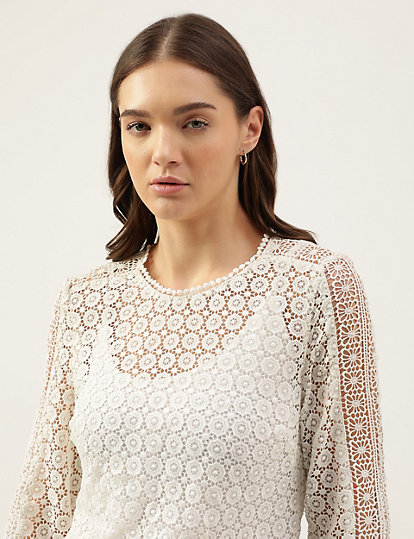 Pure Poly Embroidered Round Neck Blouse