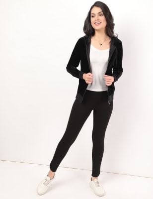 

M&S Collection Sudadera con capucha de manga larga de terciopelo con cremalleraWomens - Black, Black