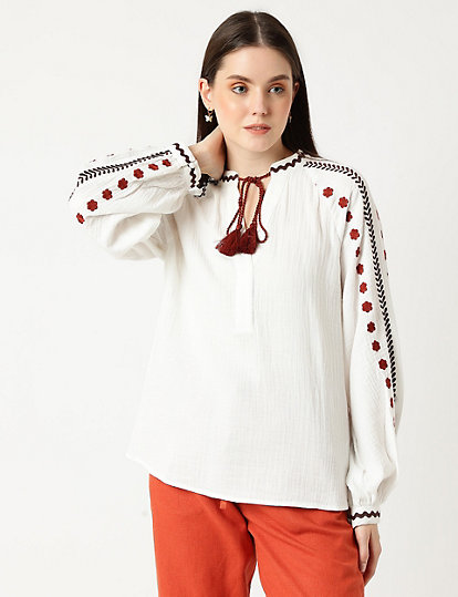 Pure Cotton Embroidered Tie-Up Neck Blouse