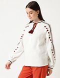Pure Cotton Embroidered Tie-Up Neck Blouse