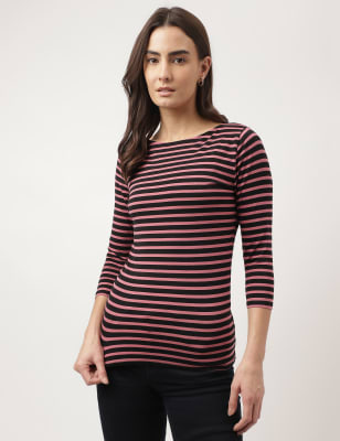 Cotton Mix Stripes Boat Neck T-Shirts