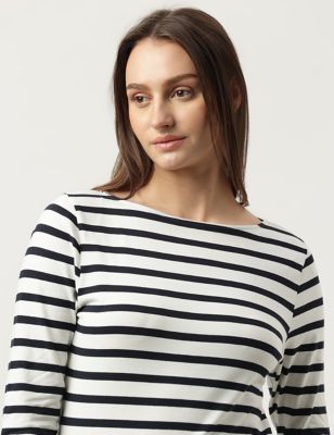 Cotton Mix Striped Boat Neck T-Shirt