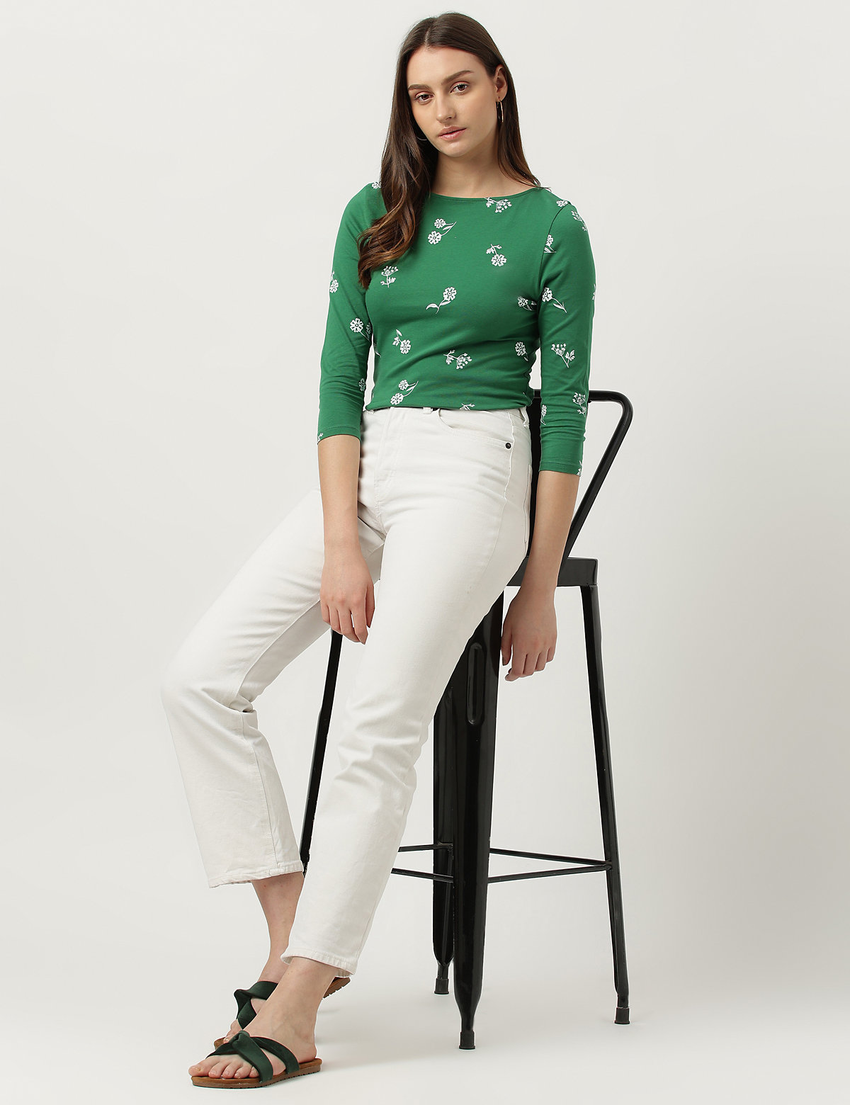 Cotton Mix Floral Printed Boat Neck T-Shirt
