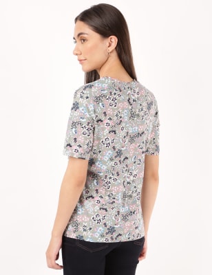 Pure Cotton Floral Print Crew Neck T-shirt