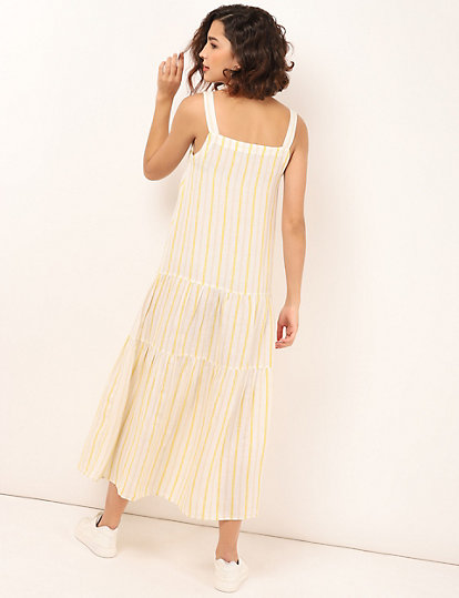 Linen Mix Striped Square Neck Dress